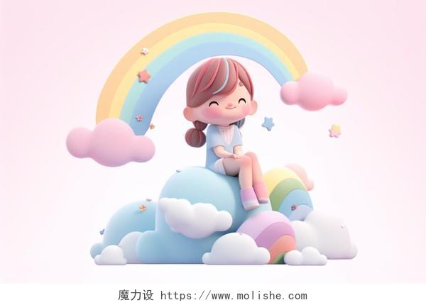 云朵上的儿童彩虹3D卡通AI插画